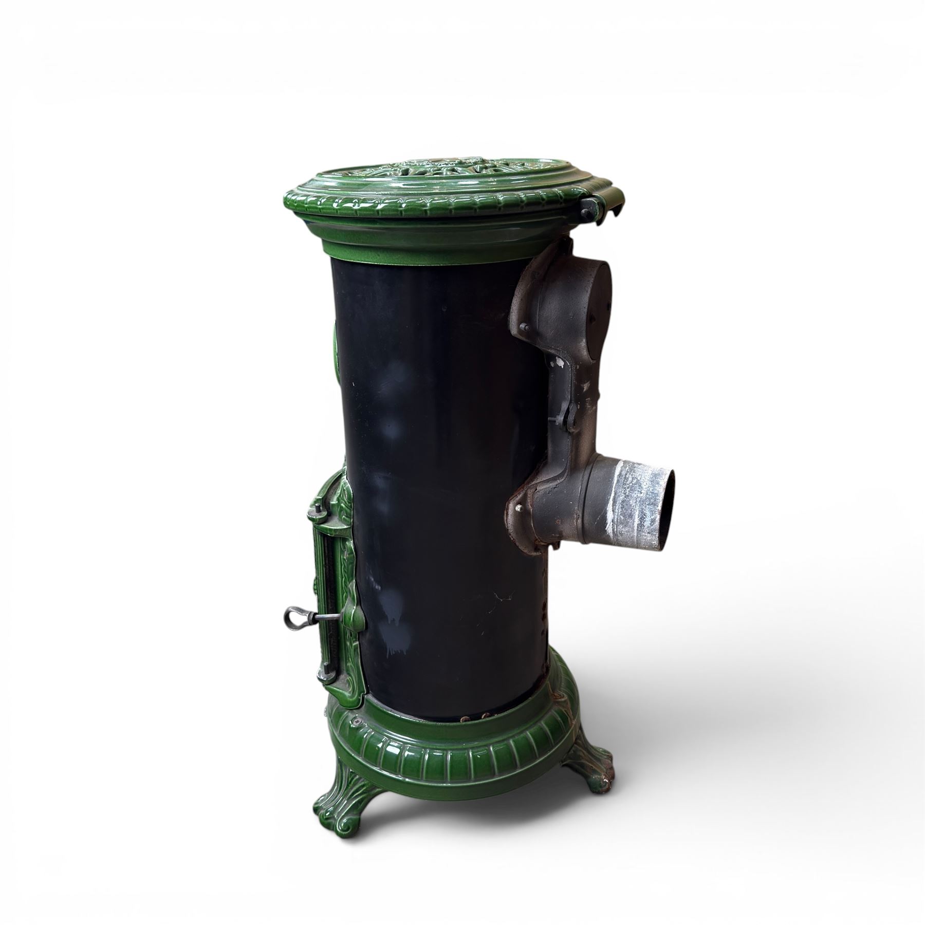 French Godin cast iron enamel stove, circular form, finished in green and black paint