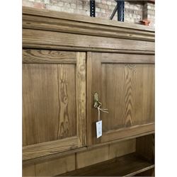 Late Victorian pitch pine dresser, moulded cornice over raised panelled cupboard and shelf, rectangular top over double panelled cupboard, on skirted base - THIS LOT IS TO BE COLLECTED BY APPOINTMENT FROM THE OLD BUFFER DEPOT, MELBOURNE PLACE, SOWERBY, THIRSK, YO7 1QY