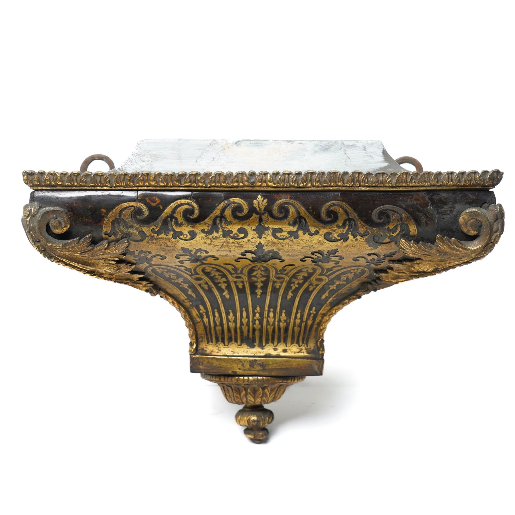 19th century Louis XV style Boulle clock bracket, with tortoiseshell, cut brass and gilt metal mounts, all-over classical decoration, including acanthus leaves, swags and scrolling motifs, W32cm H22cm 
Provenance: property of a Nobleman