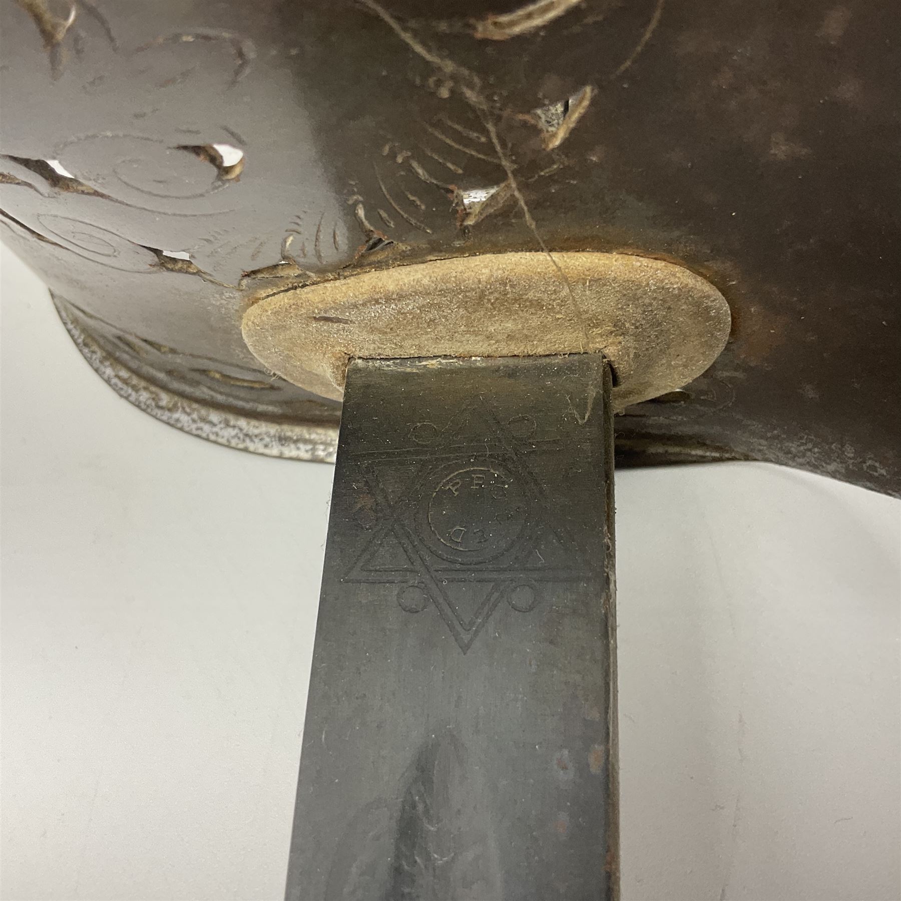 WW1 British Army 1897 Pattern Officers Sword, the 80cm fullered steel blade with traces of decoration and inscribed 'W.E. French 1914'; the basket hilt pierced with the George V cypher and wire-bound fish-skin grip L97cm overall; and WW1 British 1821 pattern Royal Artillery officer's sword with three-bar hilt; both lacking scabbard (2)