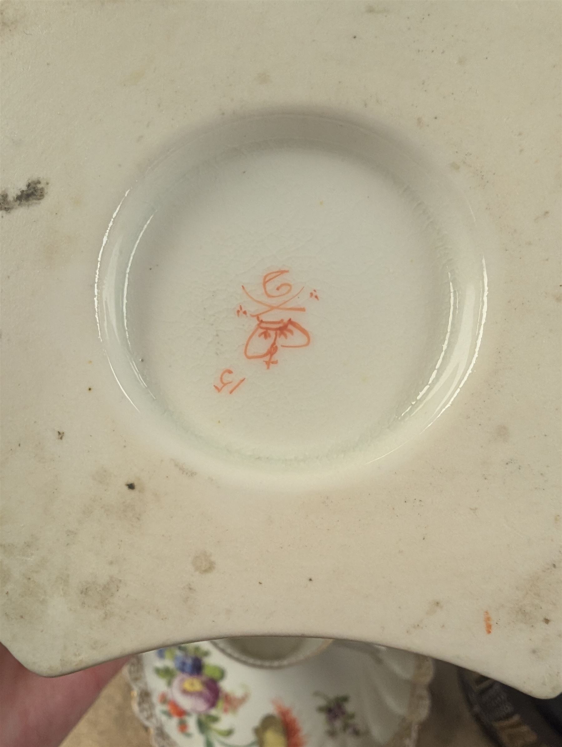 Two Royal Crown Derby pot pourri, Dresden teacup and saucer, three blue glass dressing table items, etc 