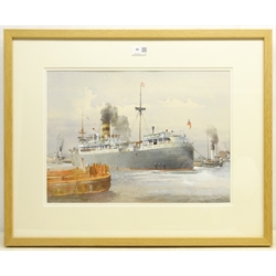  Colin Verity RSMA (British 1924-2011): 'S S Umtali' manoeuvring to leave King George V  Dock Hull, watercolour signed, original title label verso 32cm x 46cm Notes: the Umtali was registered with Bullard, King & Co Ltd. until 1957  DDS - Artist's resale rights may apply to this lot  