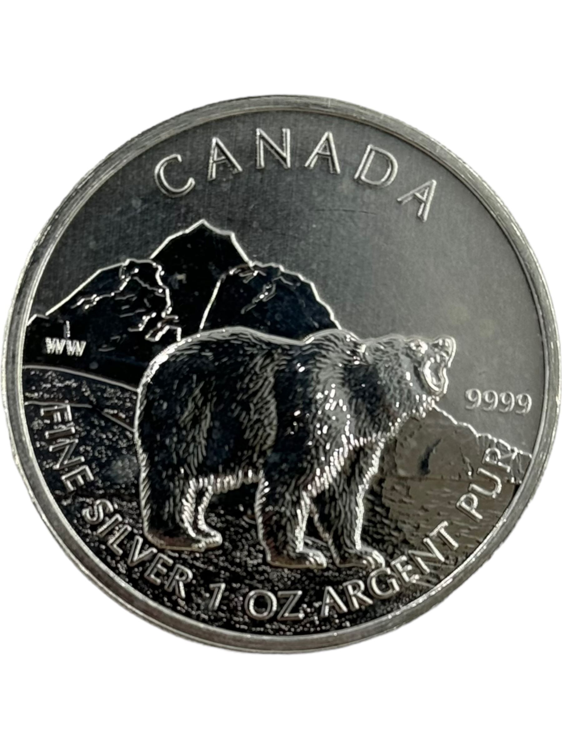 Ten Queen Elizabeth II Canada one ounce fine silver five dollar coins, including 2012 'Majestic Moose' 2016 'Superman', 2018 'Maple Leaf', 2019 'Maple Leaf', etc