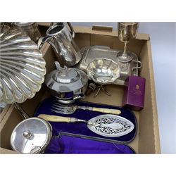 Three boxes of silver plate to include teawares, breakfast set on stand, cruet set, pedestal bowl, twin branch candelabra, other silver plated and other metalware etc
