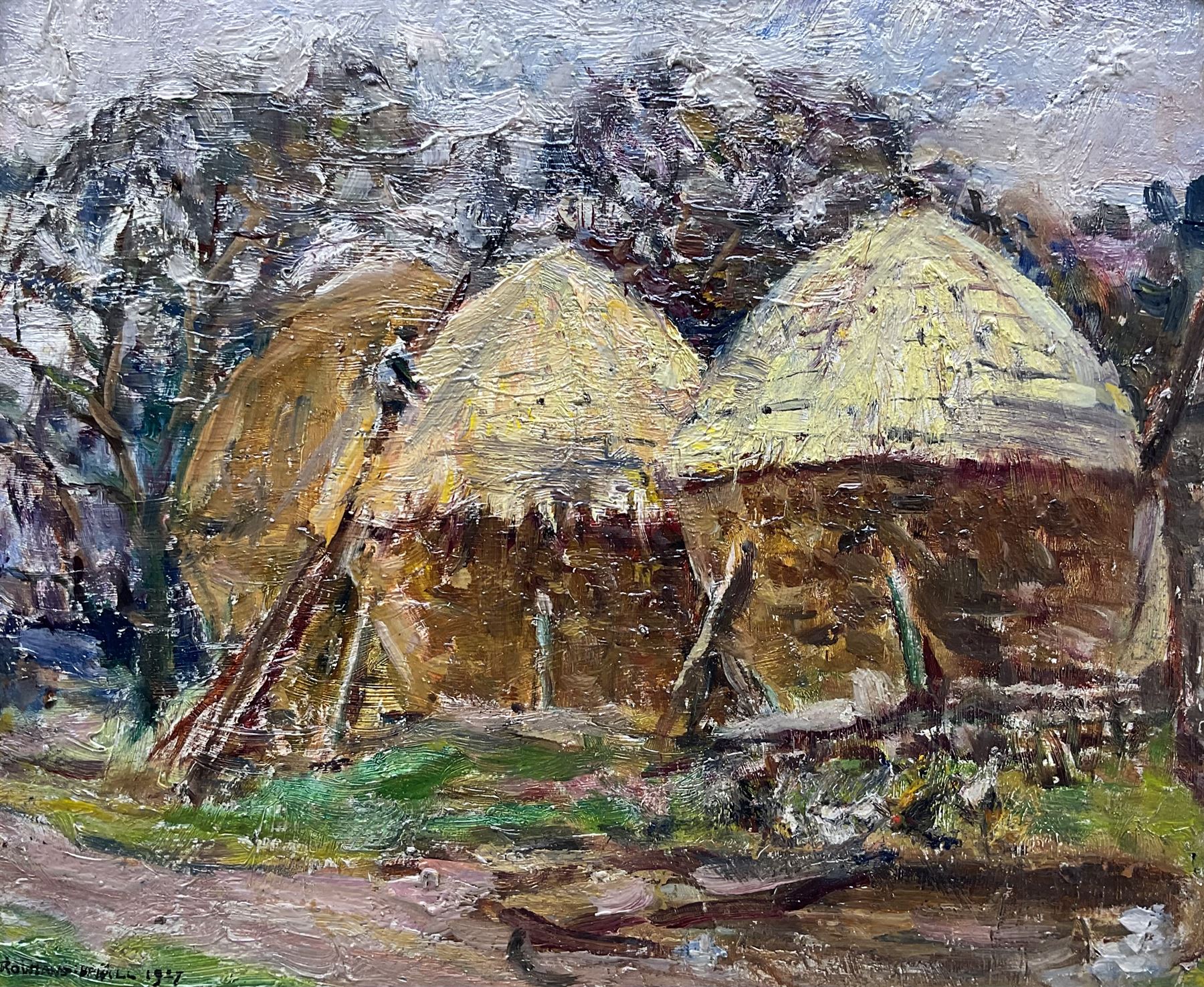 Rowland Henry Hill (Staithes Group 1873-1952): 'Cornstacks at Ellerby', oil on board signed and dated 1927, 22cm x 27cm 
Provenance: private collection, exh. Phillips & Sons, The Dower House, Cookham, June 1976 and September 1987, label verso