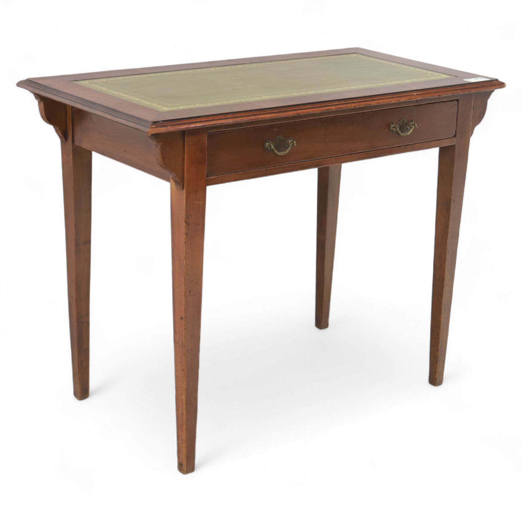 Edwardian writing table, rectangular inset with gilt-tooled leather, single frieze drawer, raised on square-section tapered legs 
