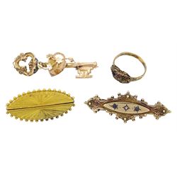 Victorian 15ct gold Etruscan revival bar brooch, Victorian 15ct gold stone set ring, hallmarked and two 9ct gold brooches, hallmarked (4)