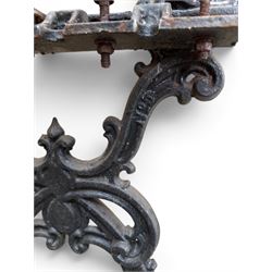 Carron Foundry - two pairs of 19th century cast iron garden bench ends, ornate detail with arms and X shaped legs,finish in black paint, the design no. 110396, first registered 13 July 1857 (see illustration), width as desired