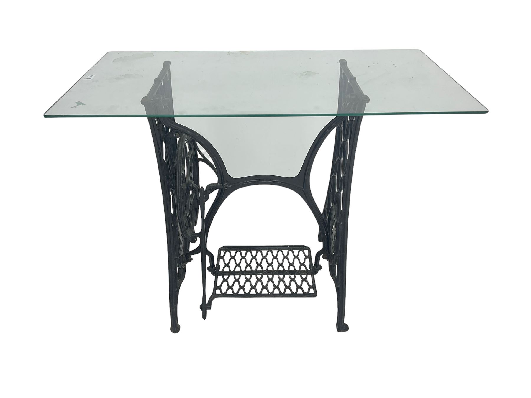 Singer - early 20th century cast iron sewing machine table, with rectangular glass top