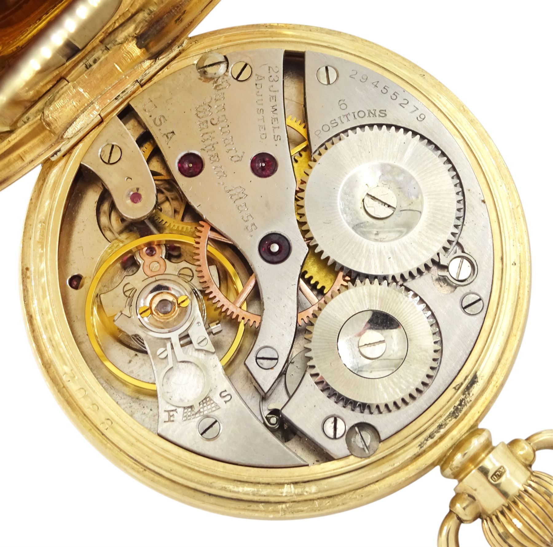 Early-mid 20th century 9ct gold open face Vanguard keyless lever pocket watch by Waltham, Massachusetts, No. 29455279, white enamel dial with Arabic hour markers and subsidiary seconds dial, case by Dennison, Birmingham 1940, in velvet and silk lined case