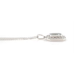 18ct white gold emerald cut aquamarine and round brilliant cut diamond pendant necklace, stamped, aquamarine approx 2.00 carat, total diamond weight approx 0.90 carat