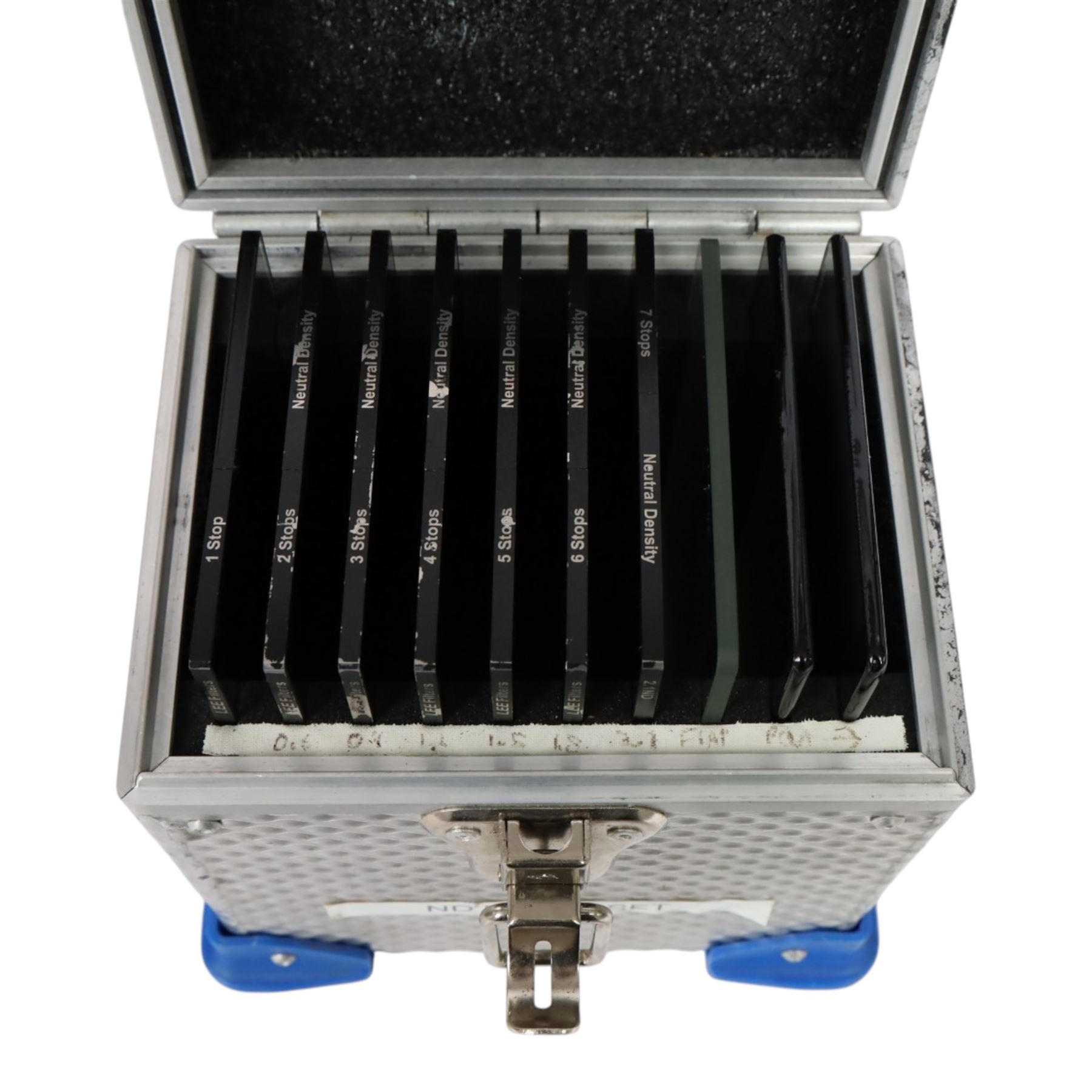 Set of ten 4x5.65 inch filters, comprising seven LEE ProGlass Cine ND filters from 1-7 stops, one Nisi optical flat and two Schneider true-pol polarisers, in flight case with pouches and Tiffen 4x4 filter tray