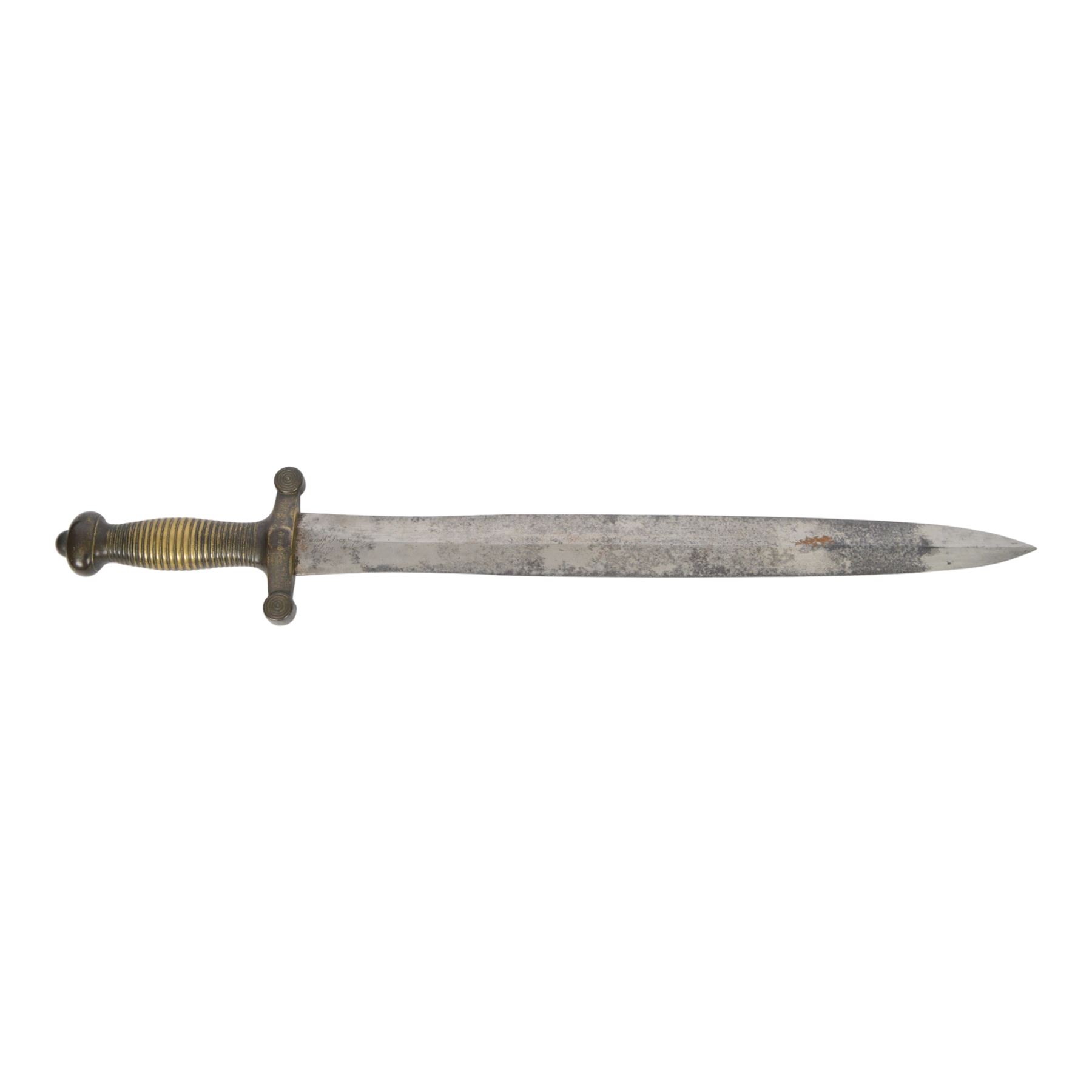 French 1832 Pattern Gladius short sword, the 49cm double edged blade inscribed to the ricasso, cast brass hilt with groove grip and short quillons, brass mounted leather scabbard, scabbard and sword both marked 994, overall L66cm