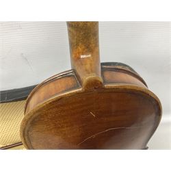 German copy of a Maggini violin c1900 with 35.5cm two-piece maple back and ribs and spruce top, bears label 'Maggini Deutsche Arbeit 1866' L59cm; in carrying case with bow