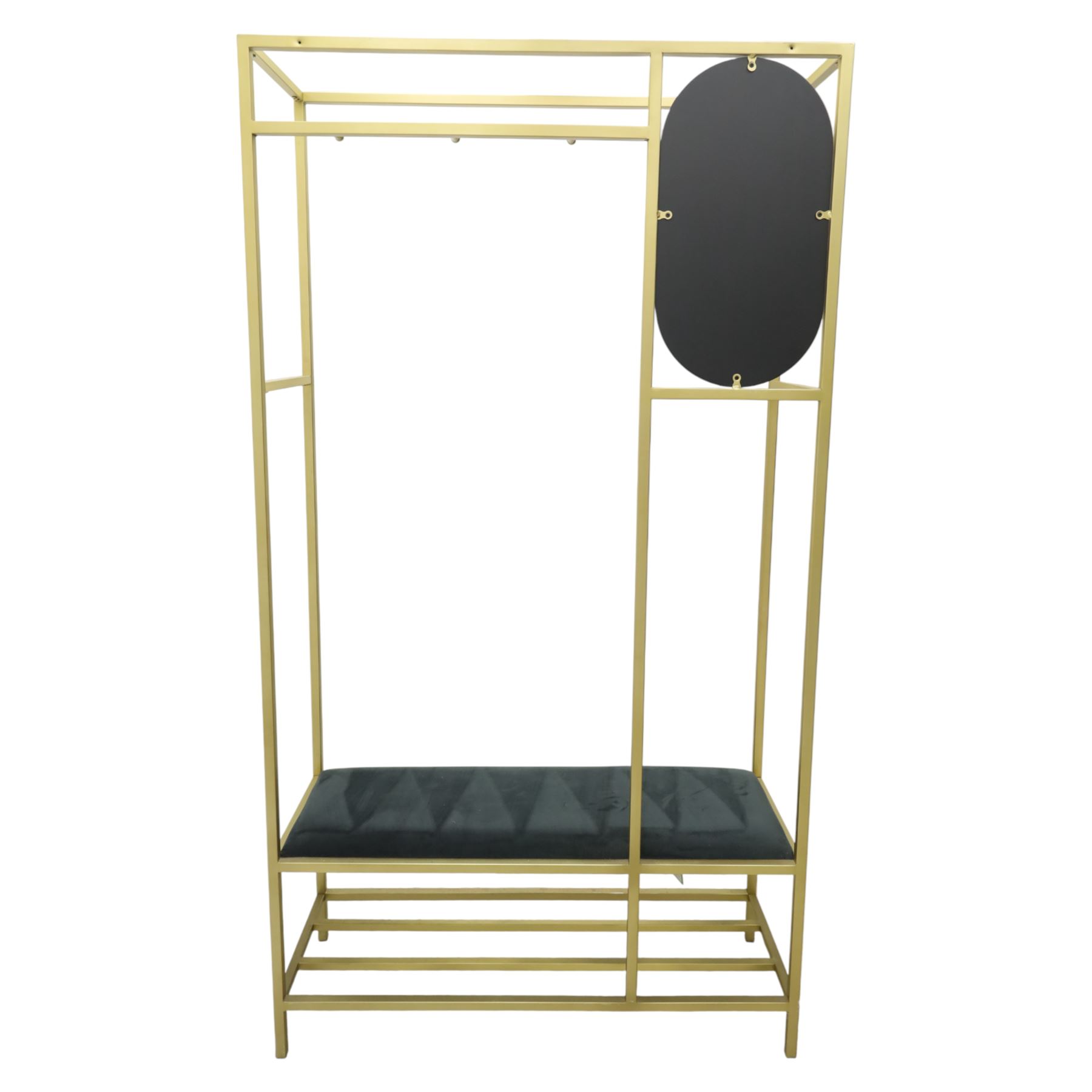 Contemporary hall stand gilt metal with black velour seat, oval mirrored panel with multiple hooks, padded seat above undertier for shoes
