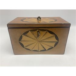 George III Sheraton style sycamore tea caddy, of rectangular form with boxwood stringing, the front and hinged cover with ebonised and satinwood inlaid oval batwing patera, H11cm W18cm D10.5cm