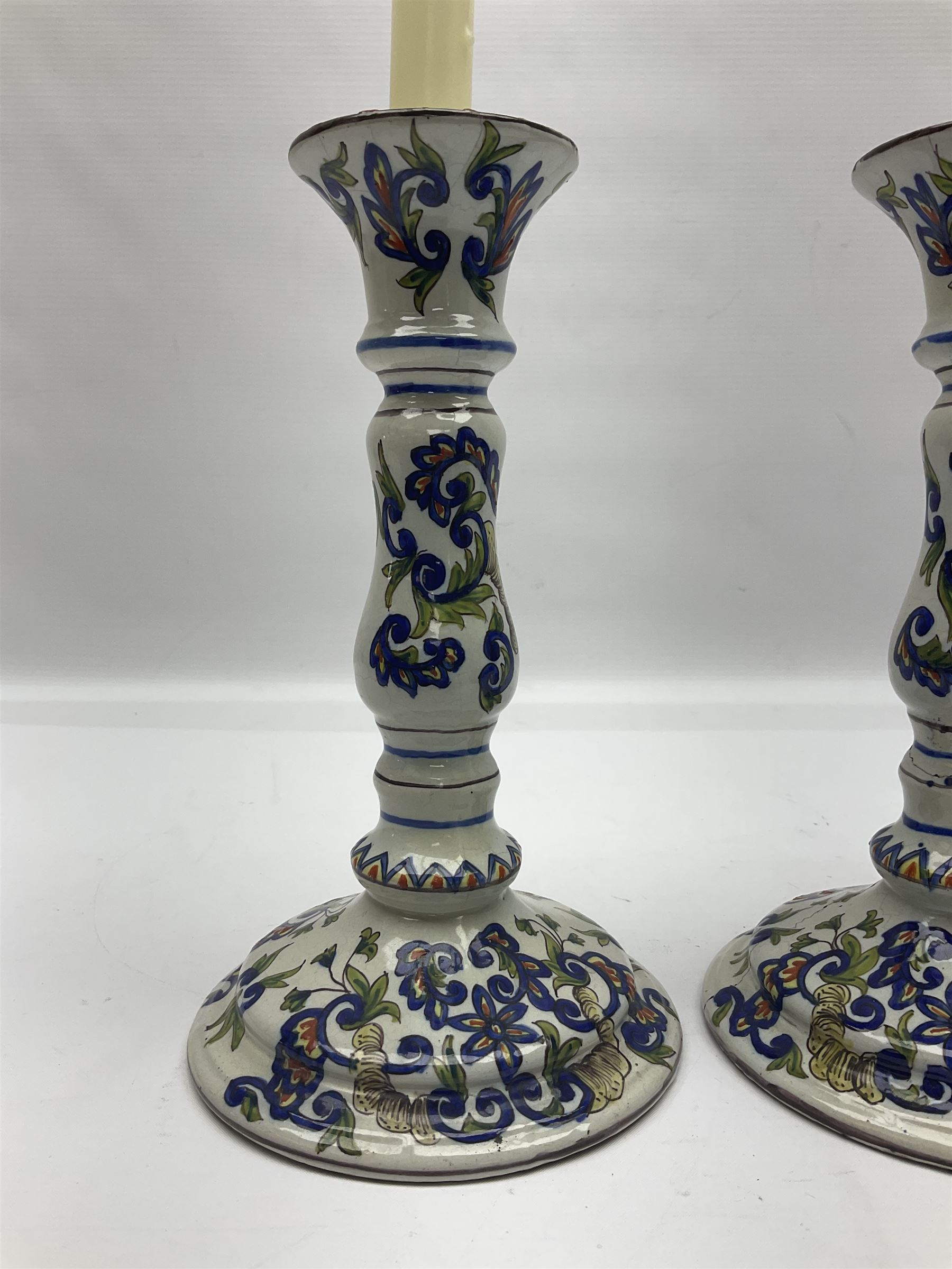 Pair of 19th century French faience candlesticks, H23cm Decorative