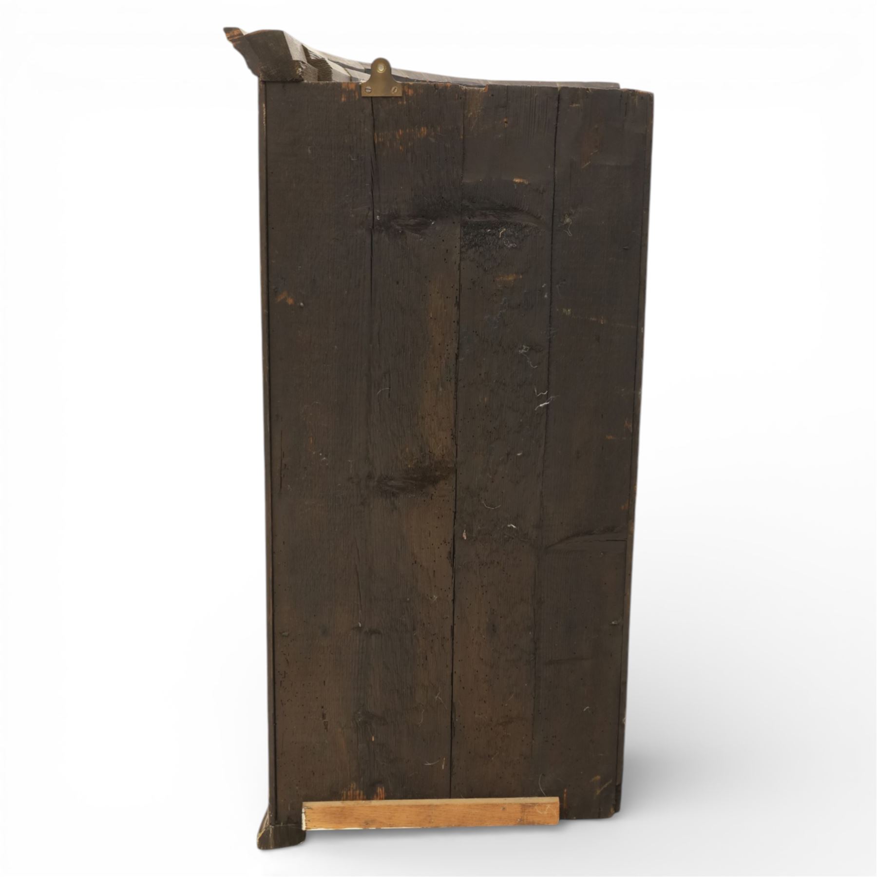 George III oak and mahogany wall hanging cylinder corner cupboard, moulded cavetto cornice over double cupboard enclosing three shelves