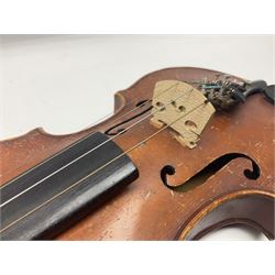 Early 20th century German Saxony three-quarter size violin with 34cm one-piece maple back and ribs and spruce top L55.5cm overall; in ebonised wooden 'coffin' case with bow