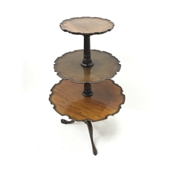 Georgian style mahogany tripod dumb-waiter, three shaped pie crust edged tiers graduating in size, turned and stop fluted column, on three out splayed supports, H95cm, D57cm