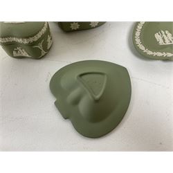 Group of Wedgwood sage green Jasperware, to include jug, vases, lidded boxes, dishes etc