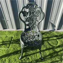 Cast aluminium  garden table and two chairs painted in green  - THIS LOT IS TO BE COLLECTED BY APPOINTMENT FROM DUGGLEBY STORAGE, GREAT HILL, EASTFIELD, SCARBOROUGH, YO11 3TX