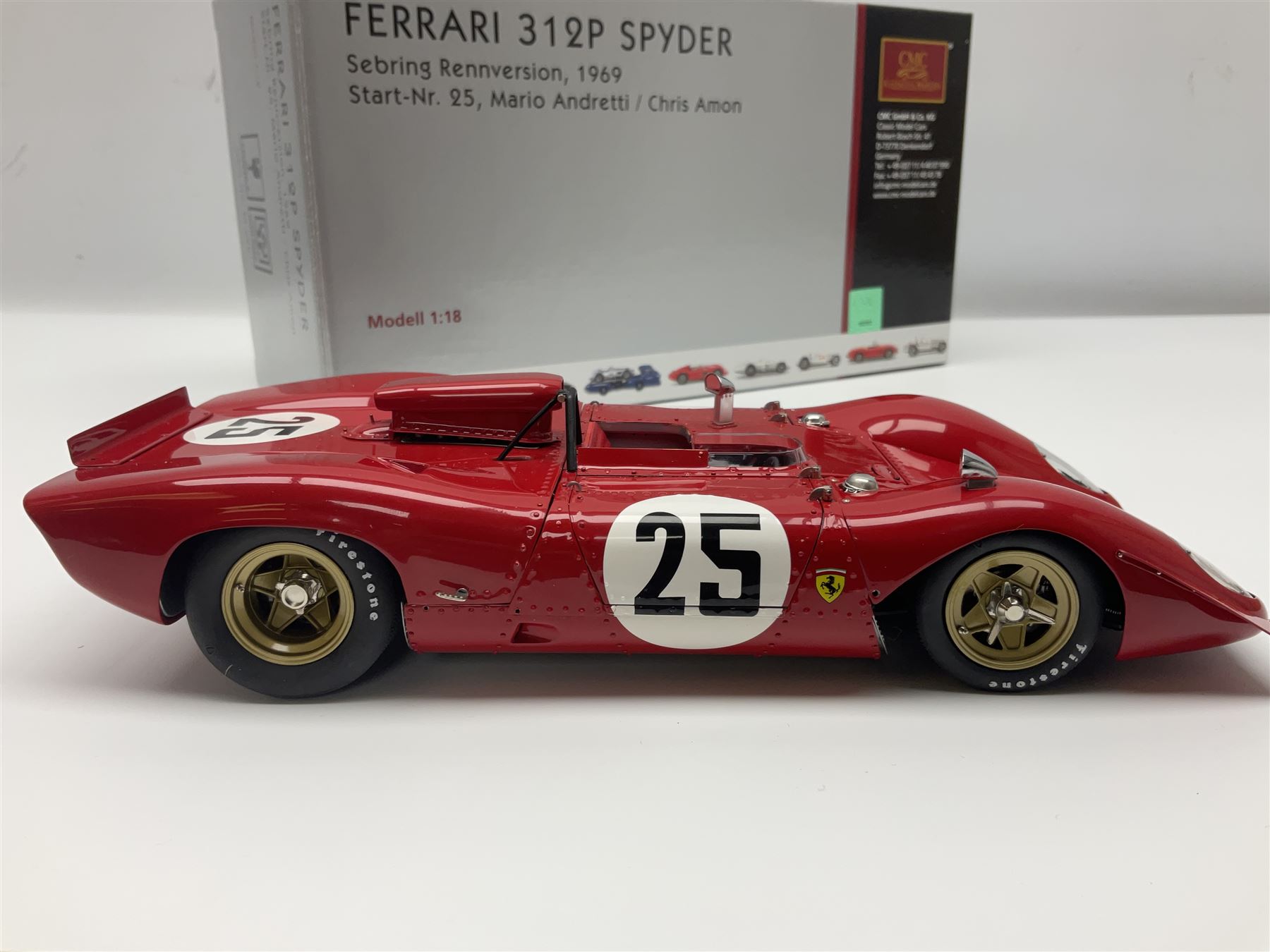 CMC 1:18 Scale Model of a Ferrari 312P Spyder 'Sebring Rennversion, 1969, Start-Nr. 25, Mario Andretti / Chris Amon'; manufactured by CMC Exclusive Modelle; No. M-095. Serie Nr. 1365 with certificate. Fully constructed and out of box with original box, accessories, packaging and paperwork.