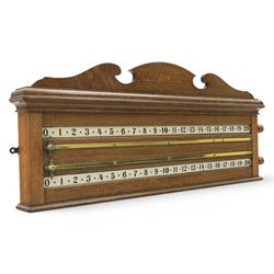 E.J. Riley - 20th century oak billiards scorer, with broken arch pediment with gilt marker...