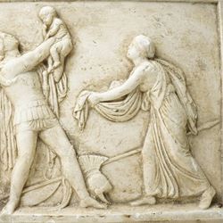 After the Antique - Relief moulded plaster plaque of Roman figures, one holding a child aloft 31cm x 55cm