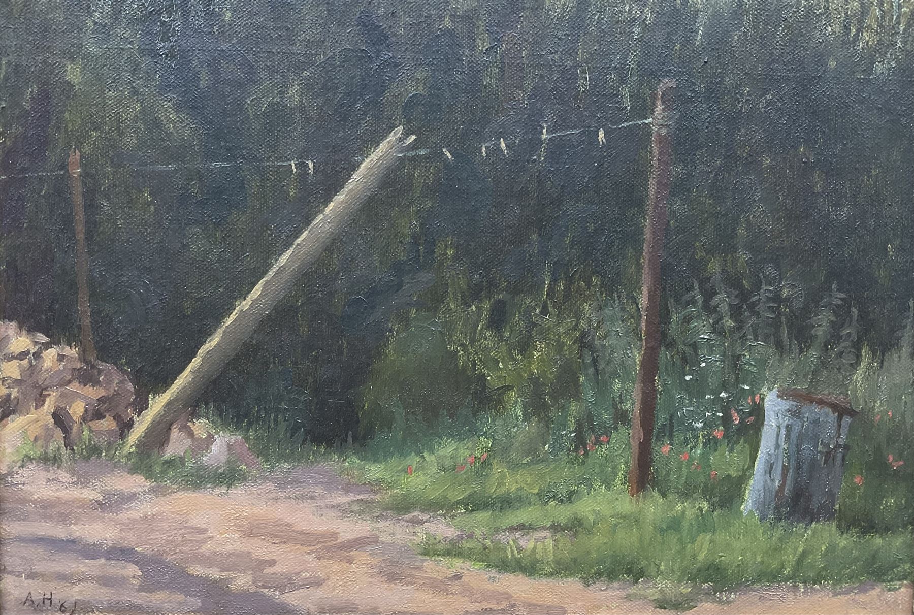 Anna Hornby (British 1914-1996): Washing Line, oil on canvas signed with initials and dated '61, titled with artists Chelsea address verso 17cm x 25cm
Notes: this painting may have been exhibited at the Royal Academy in 1961