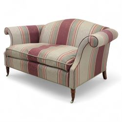 Traditional design two seater sofa, upholstered in striped blue and purple fabric