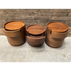Three walnut circular barrel shaped lamp tables, fitted with single drawer (lower table D53cm, H49cm)