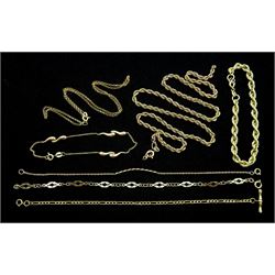 Gold rope chain necklace and bracelet, gold chain necklace and four gold bracelets, all 9ct, hallmarked or tested, approx 15.05gm