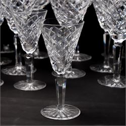 Set of Waterford Tyrone pattern table glass comprising six Hock glasses, six claret glasses, six tumblers and seven sherry glasses
