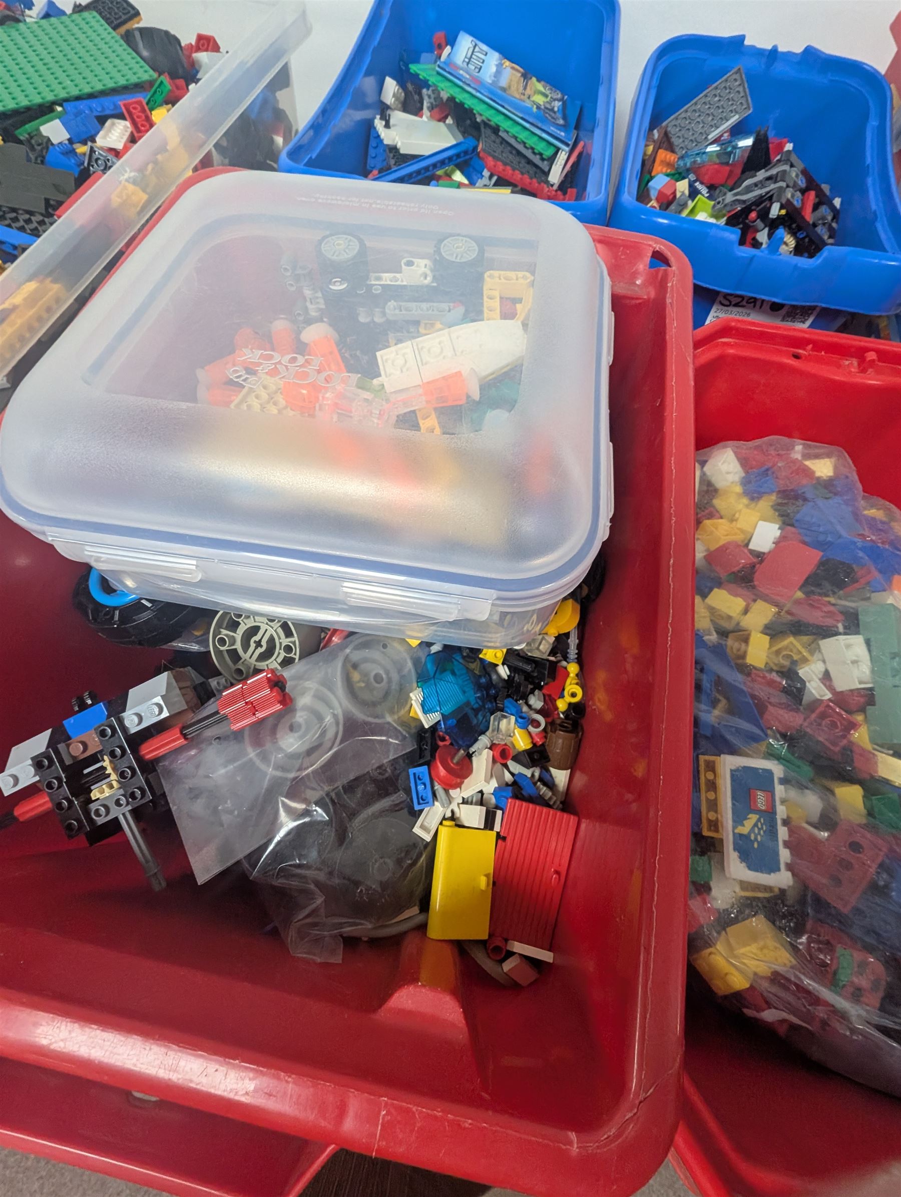 Large collection of loose Lego in six coloured plastic boxes