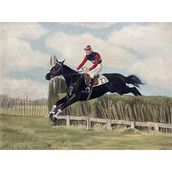 Dale (British 20th century): Horseback - Clearing a Fence, oil on canvas signed 45cm x 60cm