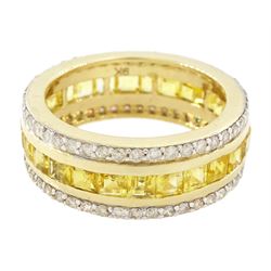 Gold yellow sapphire and diamond three row full eternity ring, channel set calibre cut sapphires, with a row of round brilliant cut diamonds set either side, stamped 9K, total sapphire weight approx 2.95 carat, total diamond weight 0.85 carat