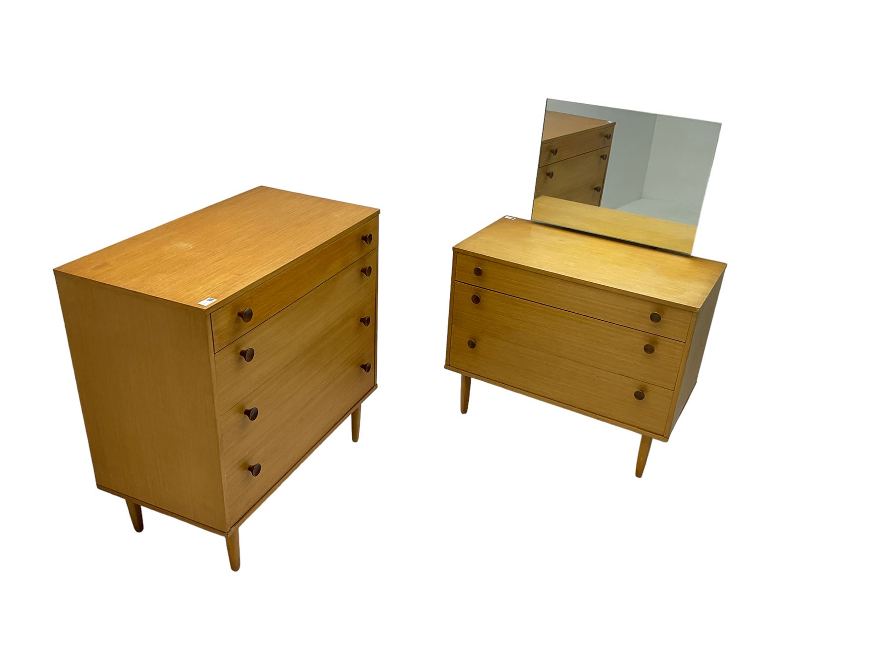 Avalon - mid-20th century teak dressing chest (W82cm, D46cm, H112cm) and matching four drawer chest (W82cm, D44cm, H84cm)