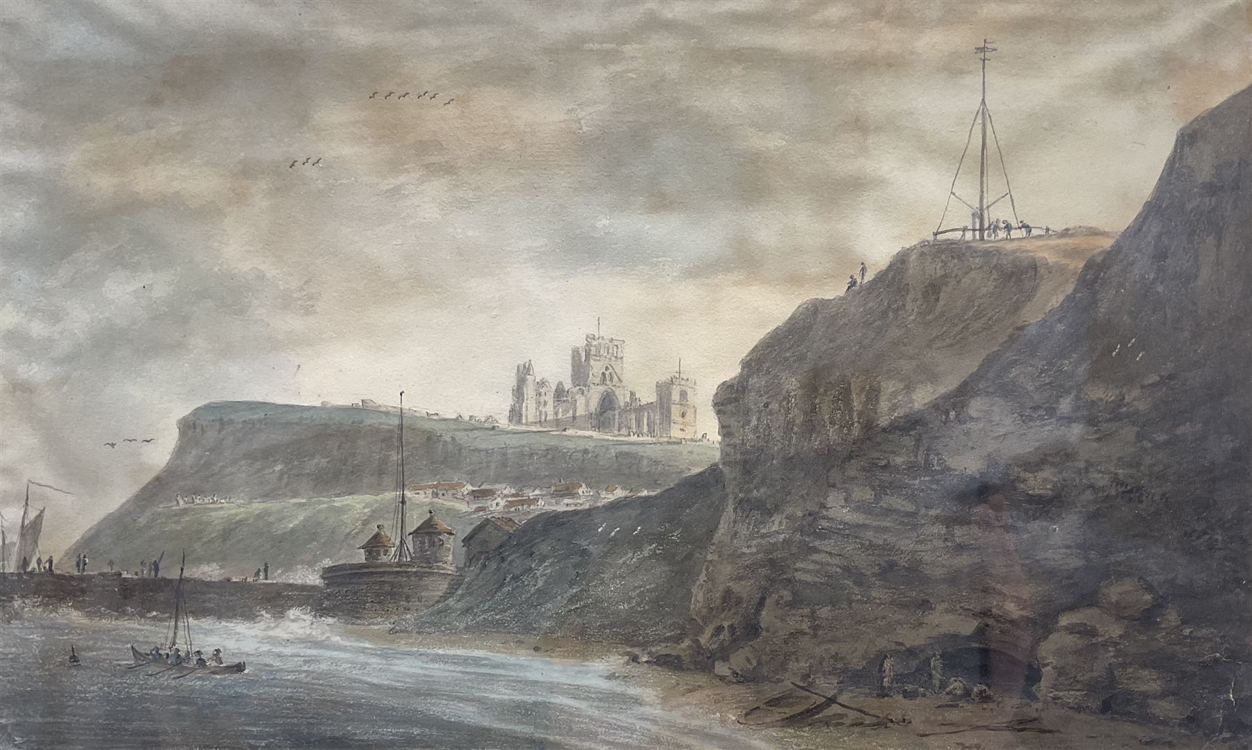 Amos Green (British 1735-1807): Whitby Abbey and Battery Parade from Whitby Sands, watercolour and pencil c.1790 unsigned 23.5cm x 39cm