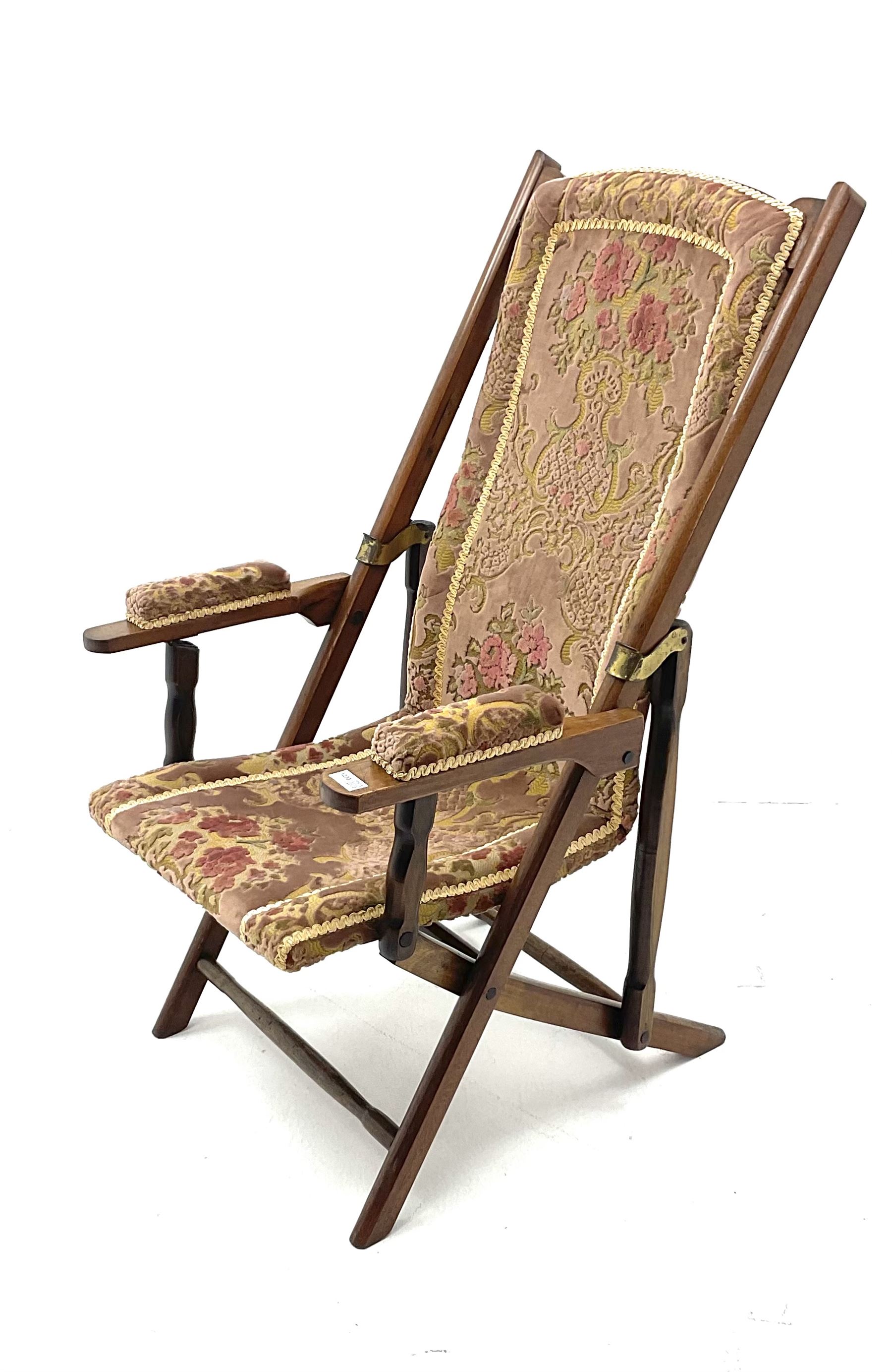 Late 19th century folding campaign chair, upholstered in patterned fabric 