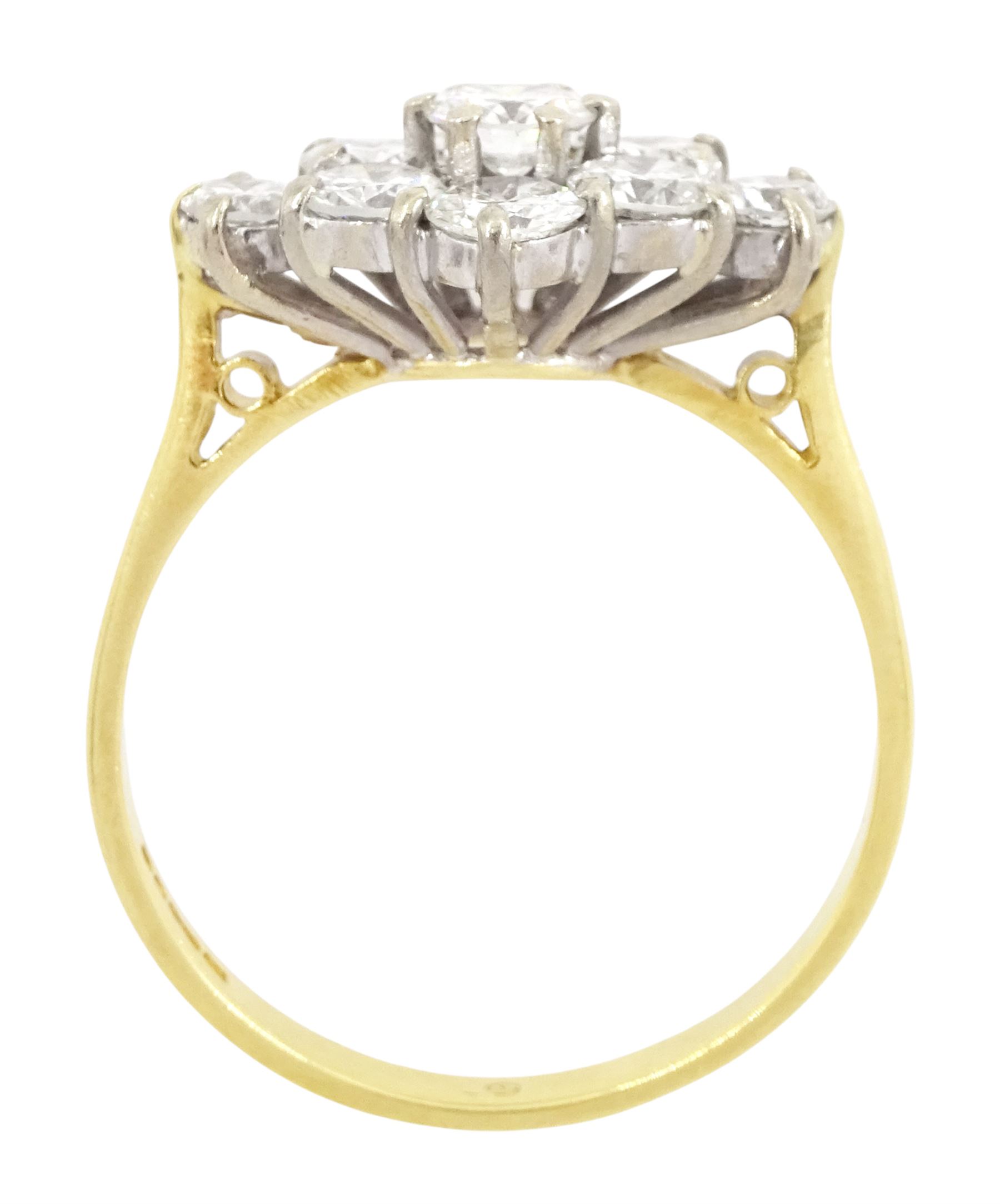 18ct gold diamond cluster ring, nine round brilliant cut diamonds, in a marquise shaped setting, London 1988, total diamond weight approx 1.65 carat