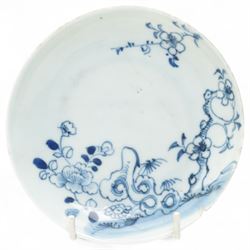Set of six Chinese blue and white saucers, mostly Kangxi period, comprising matching pair decorated with insects and birds, example with painted lions and tigers, four bearing blue painted 'lingzhi' fungus mark to base, the others unmarked (6)