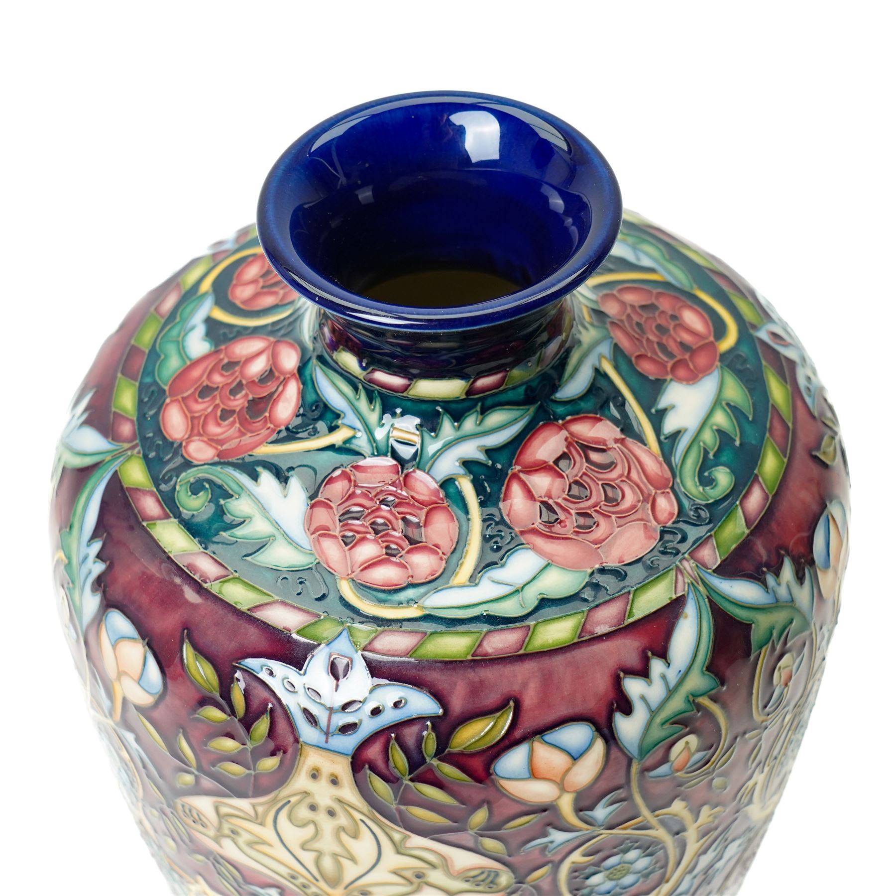 Moorcroft Bullers Wood pattern vase, of tapering form, decorated profusely with flowers, designed by Rachel Bishop, with impressed and painted marks to base, limited edition 87/100, H31cm