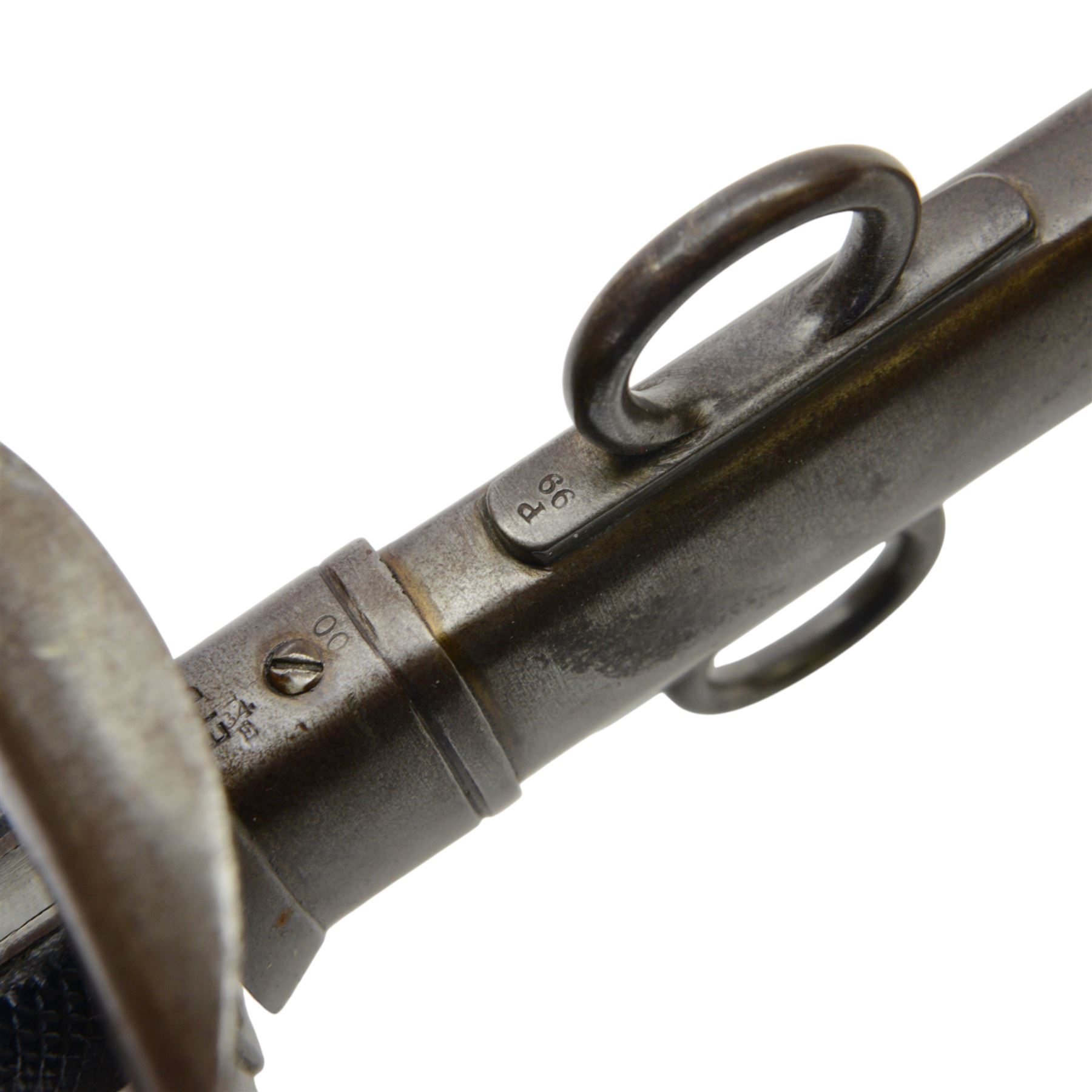 British 17th Lancers, Duke of Cambridge Own, 1899 cavalry sword, with L83cm single-edged slightly curved blade, top of blade etched '30E', broad sheet steel bowl hilt with chequered black leather grip scales, the steel two ring scabbard engraved 2/09 O.T.C , overall L104cm