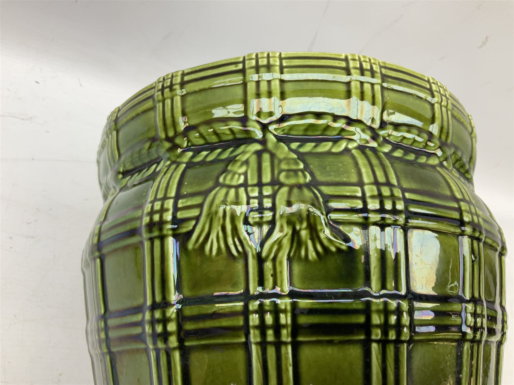 Three jardinières comprising West German Gerz example decorated in relief, Doulton Slaters example with frilled everted rim and a majolica example, and a further two Arthur Wood majolica jugs (5)