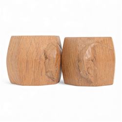 Mouseman - pair of oak napkin rings, of bulbous octagonal form, with carved mouse signatur...