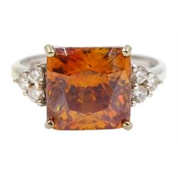 18ct white gold square cut synthetic orange sapphire and diamond ring, hallmarked