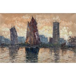 French School (20th century): Sailing Boats in River Cityscape, oil on canvas signed 'Gurney' 60cm x 90cm