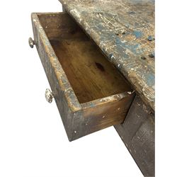 19th century pine workbench, rectangular top, fitted with three drawers over undertier