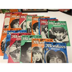 Monkees memorabilia - 'Monkees Monthly' magazine almost complete run from No.1 Feb 67 to No.31 Aug 69 (lacking nos.29 and 32); the cover of No.1 signed by all four members of the group during their 1997 Reunion Tour; quantity of A&BC bubble gum cards; programme for their only UK live performance in 1967 at Empire Pool Wembley; and other related late 1960s music magazines/paperback book